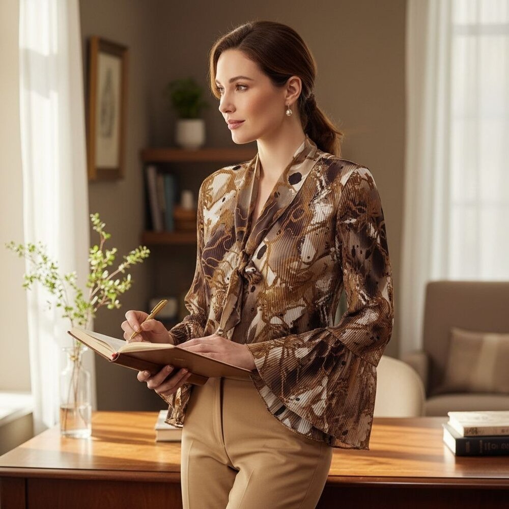 Serenade New York Tan & Brown Animal Print Flowy Sleeve Tie Neck Blouse
